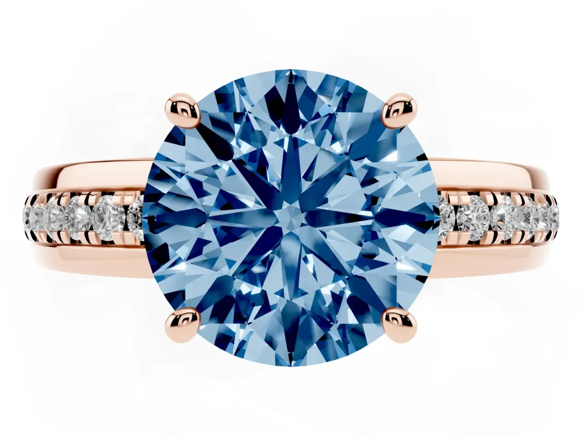 Fancy Blue Round Cut Solitaire Diamond Ring with Channel Set Band and Six-Prong Setting Rose gold