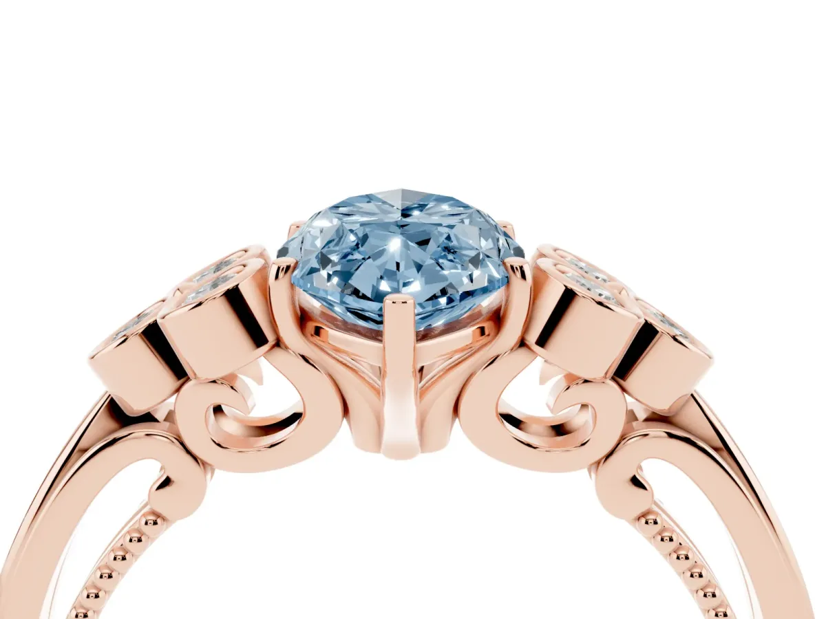 Fancy Blue Marquise Cut Cut Diamond Engagement Ring with Bezel Set Round Side Stones and Prong Setting Rose gold