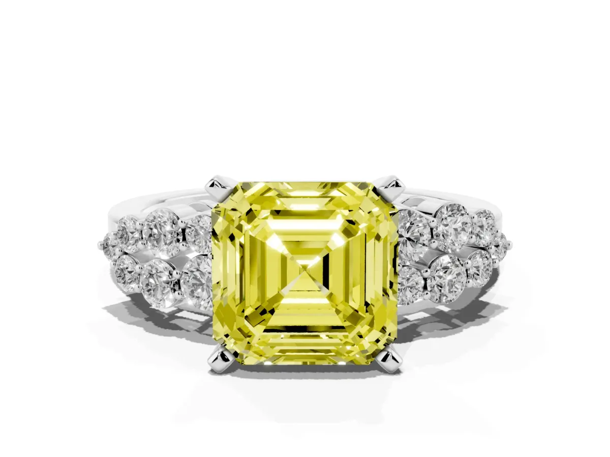 Fancy Yellow Asscher Cut Cluster Diamond Engagement Ring with Pavé Band and Four-Prong Setting Platinum