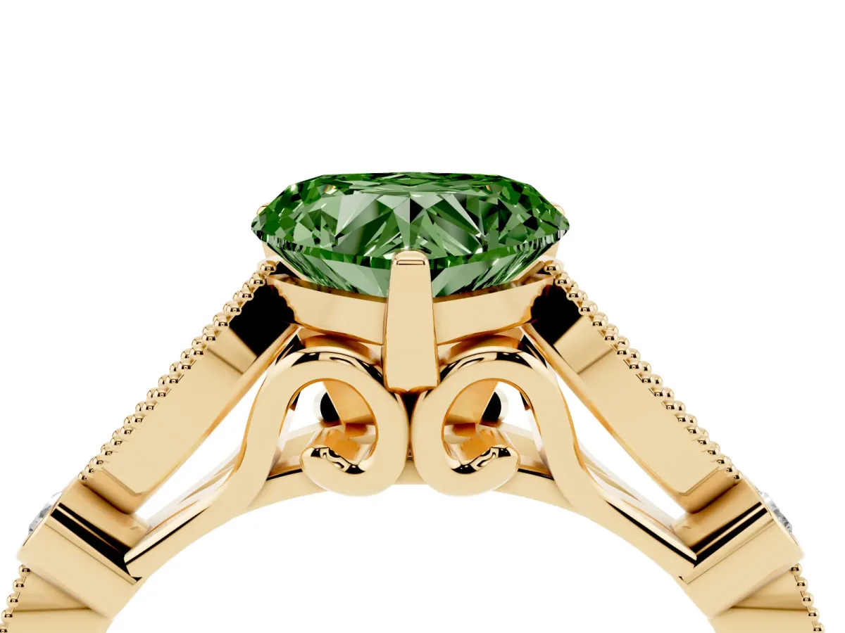 Fancy Green Heart Cut Cut Diamond with Milgrain Marquise and Bezel Accents on a Solitaire Band with Prong Setting Yellow gold