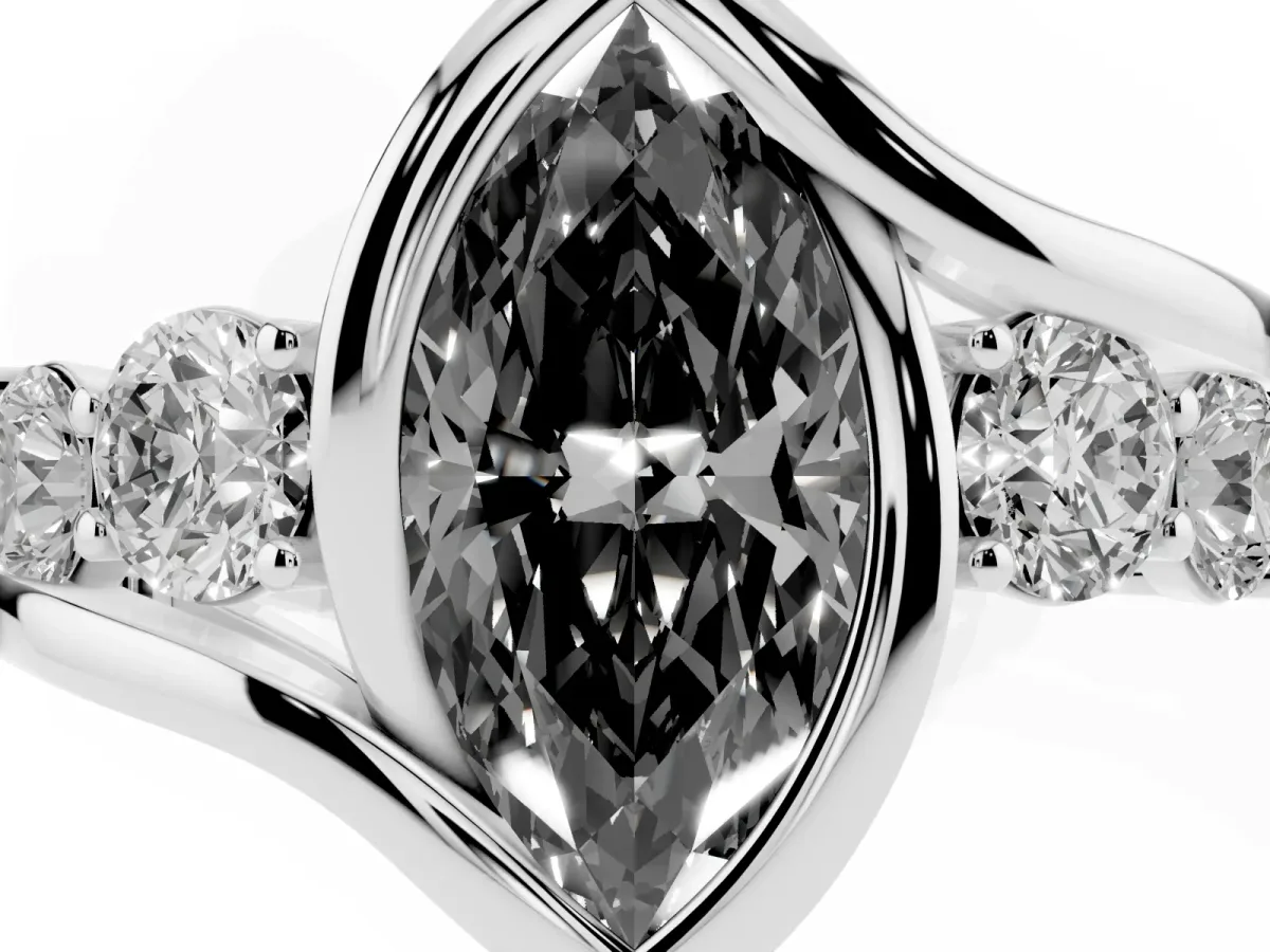 Fancy Black Bezel Set Marquise Cut Diamond Bypass Ring with Round Accents Silver