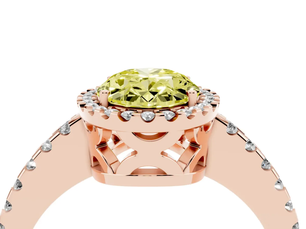 Fancy Yellow Oval Cut Diamond Halo Engagement Ring with Pavé Band and Prong Setting Rose gold