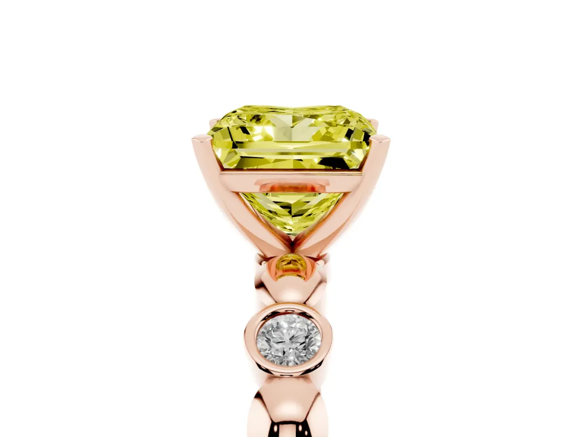 Fancy Yellow Princess Cut Solitaire Bezel-Set Diamond Ring with Beaded Band and Four-Prong Setting Rose gold