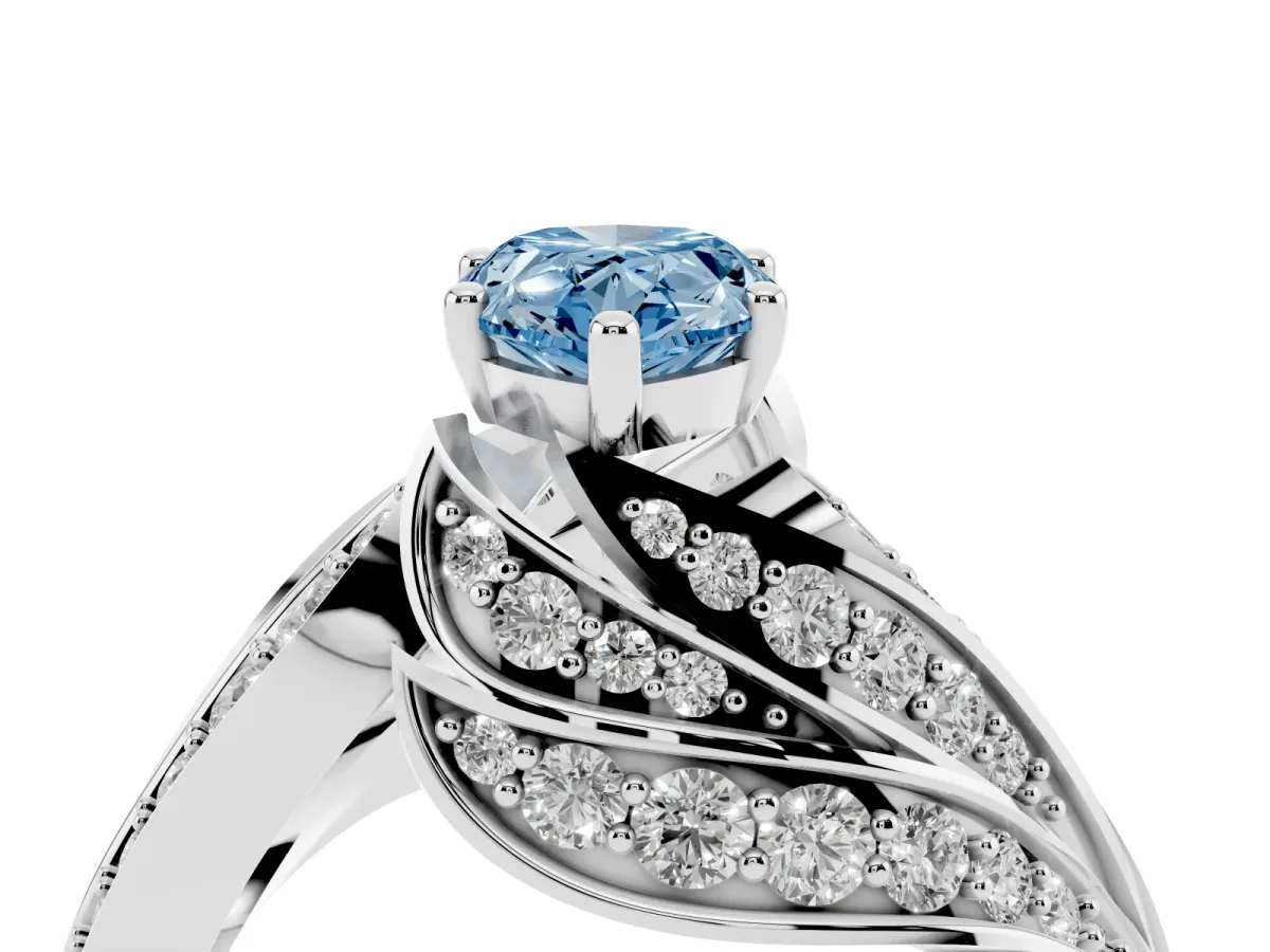 Fancy Blue Pear Cut Diamond Solitaire Ring with Prong Setting and Twisted Pavé Band Silver