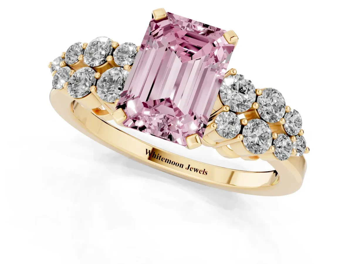 Fancy Pink Emerald Cut Cluster Diamond Engagement Ring with Pavé Band and Four-Prong Setting Yellow gold