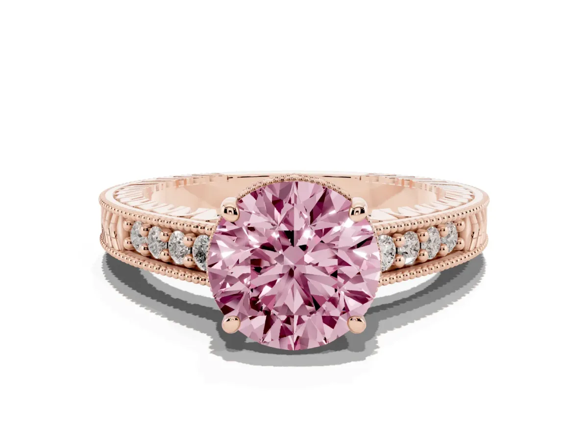 Fancy Pink Round Cut Solitaire Pavé Diamond Milgrain Engagement Ring with Four-Prong Setting Rose gold