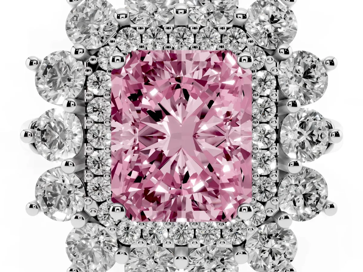 Fancy Pink Radiant Cut Diamond Floral Double Halo Engagement Ring with Prong Setting Silver