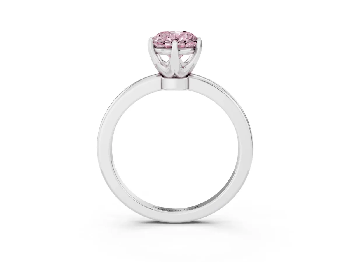 Fancy Pink Oval Cut Solitaire Diamond Ring with Six-Prong Setting on a Classic Band Silver