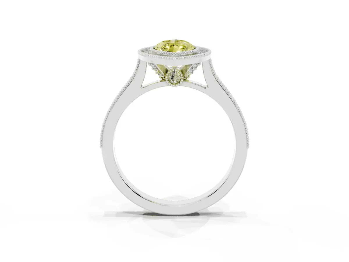 Fancy Yellow Halo Marquise Cut-Cut Diamond Pave Band Milgrain Prong Setting Ring White gold