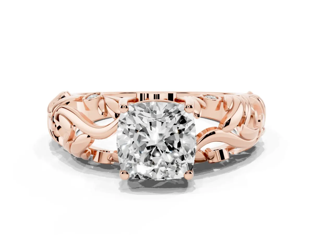 Cushion Cut Solitaire Diamond Leaf-Inspired Vine Band Ring with Prong Setting Rose gold