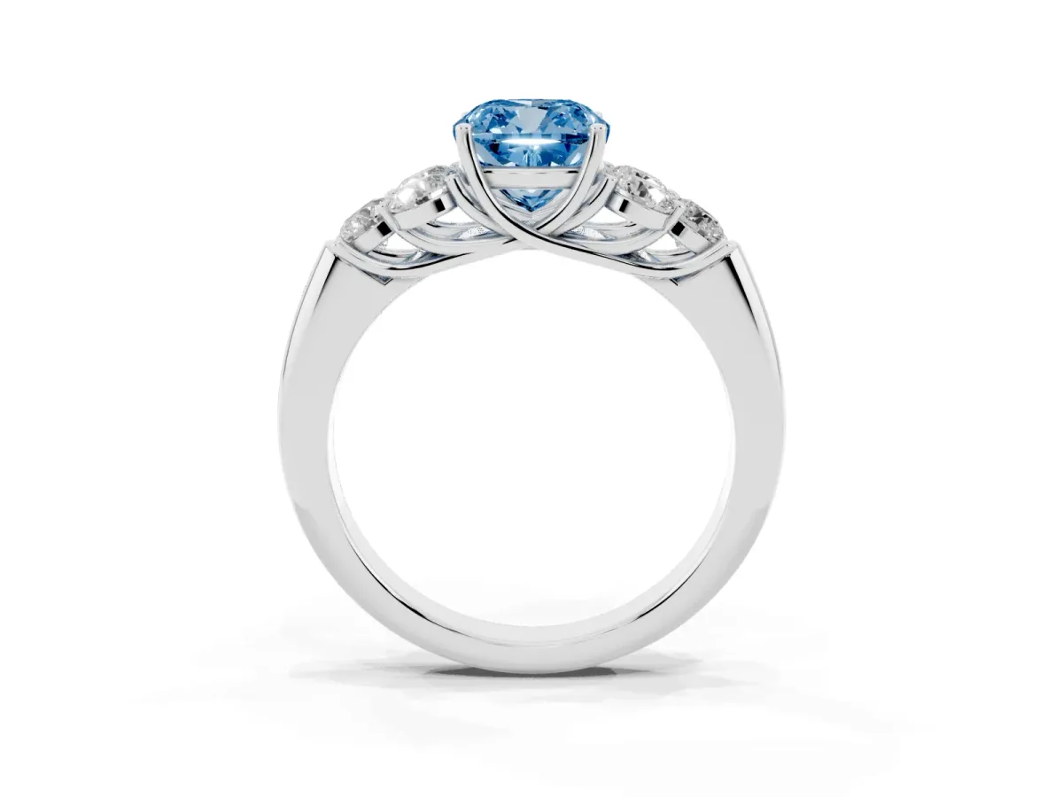 Fancy Blue Cushion Cut Cut Diamond Cluster Ring with Round Accent Stones and Prong Setting on a Classic Band White gold