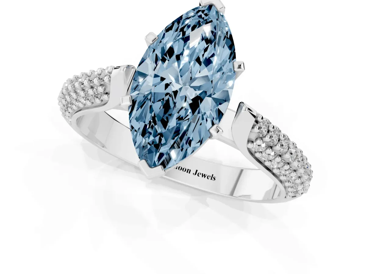 Fancy Blue Marquise Cut Diamond Solitaire Engagement Ring with Multi-Row Round Pavé Band and Prong Setting Silver