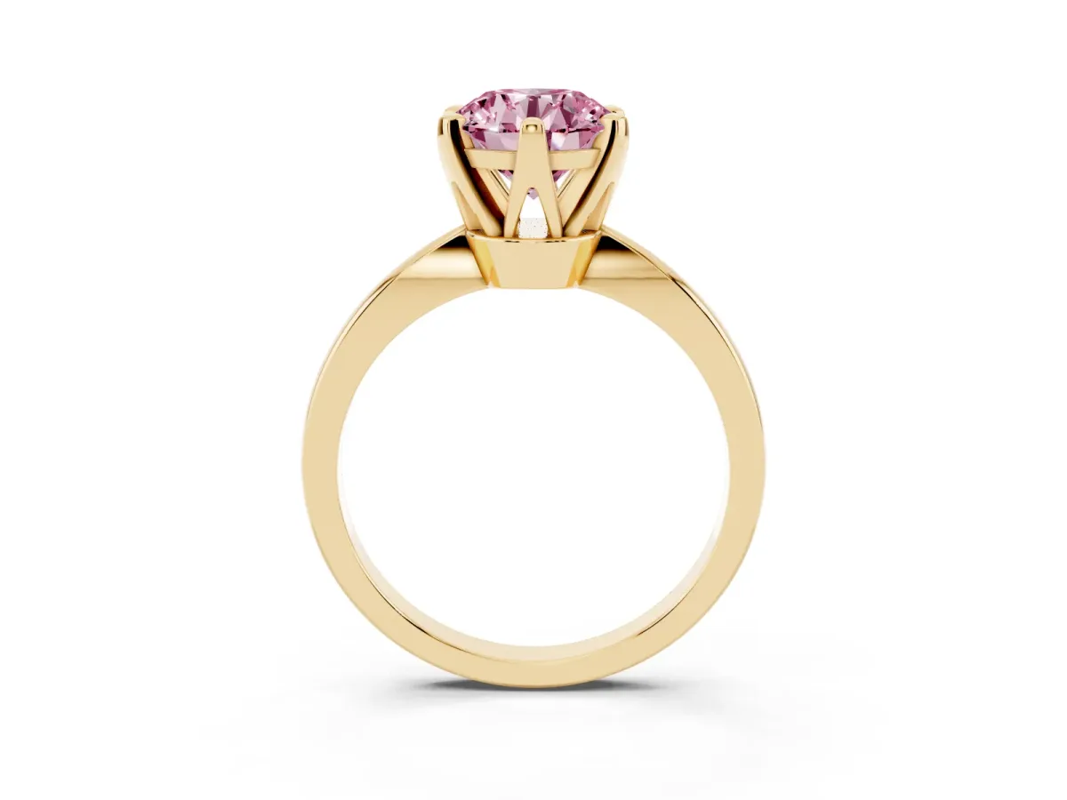 Fancy Pink Round Cut Solitaire Engagement Ring with Six-Prong Setting and Tapered Band Yellow gold
