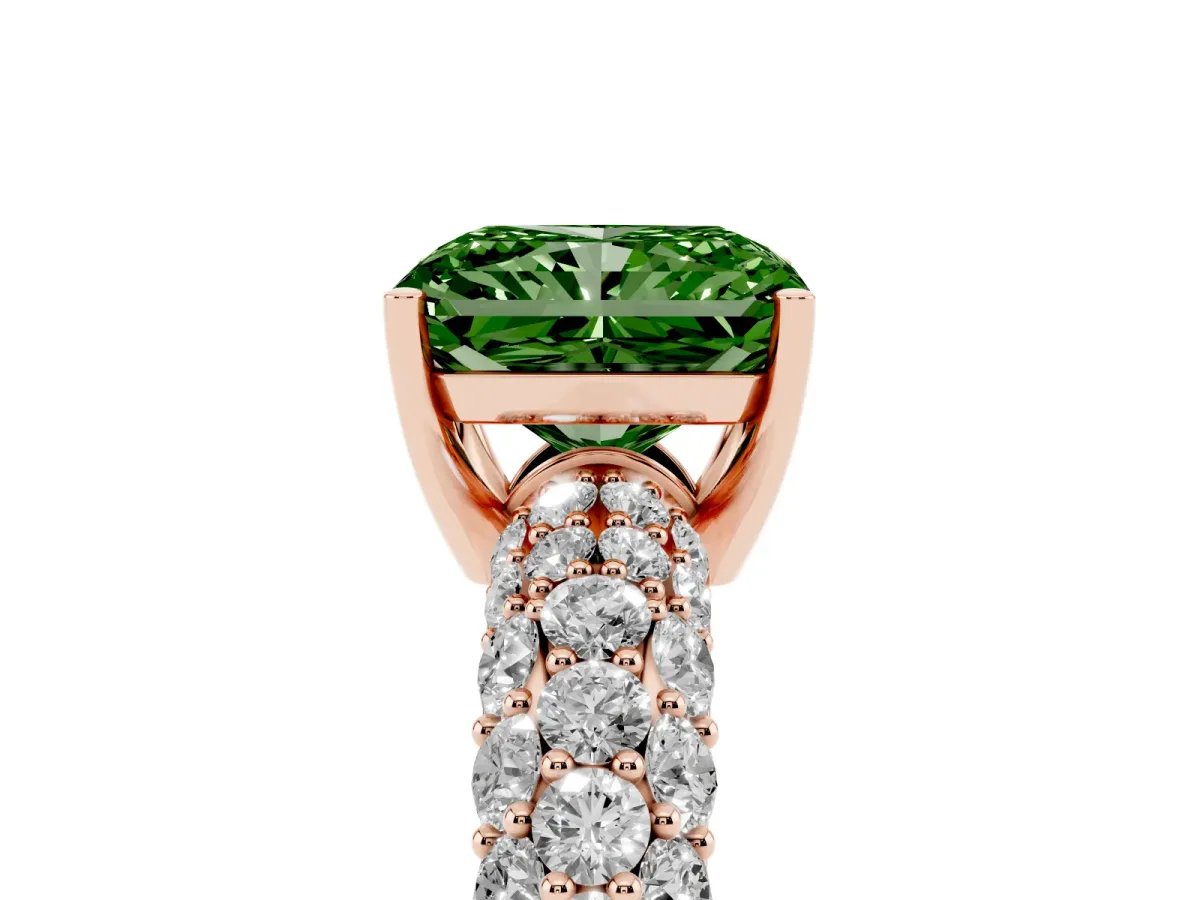 Fancy Green Radiant Cut Diamond Pavé Band Solitaire Ring with Four-Prong Setting Rose gold