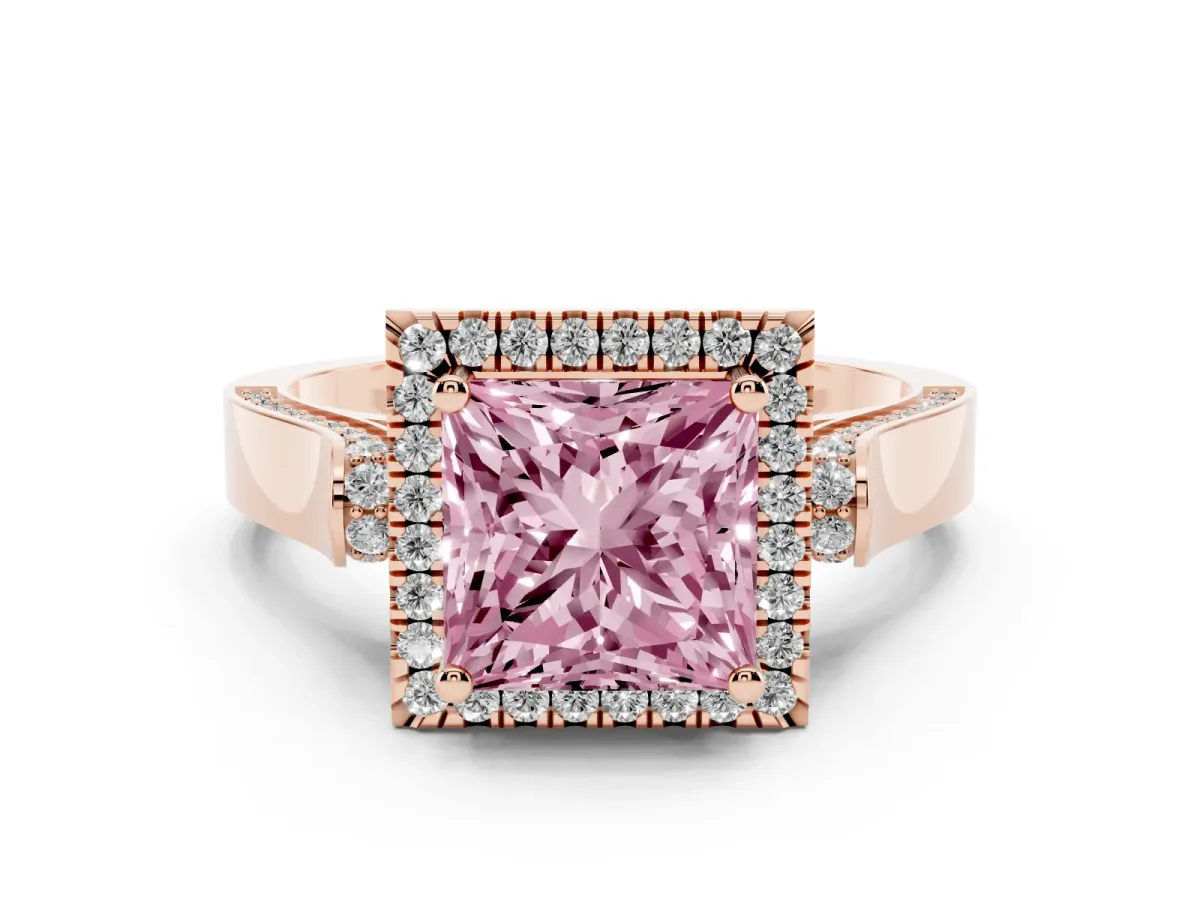 Fancy Pink Princess Cut Halo Round Diamond Twist Band with Four-Prong Setting Rose gold