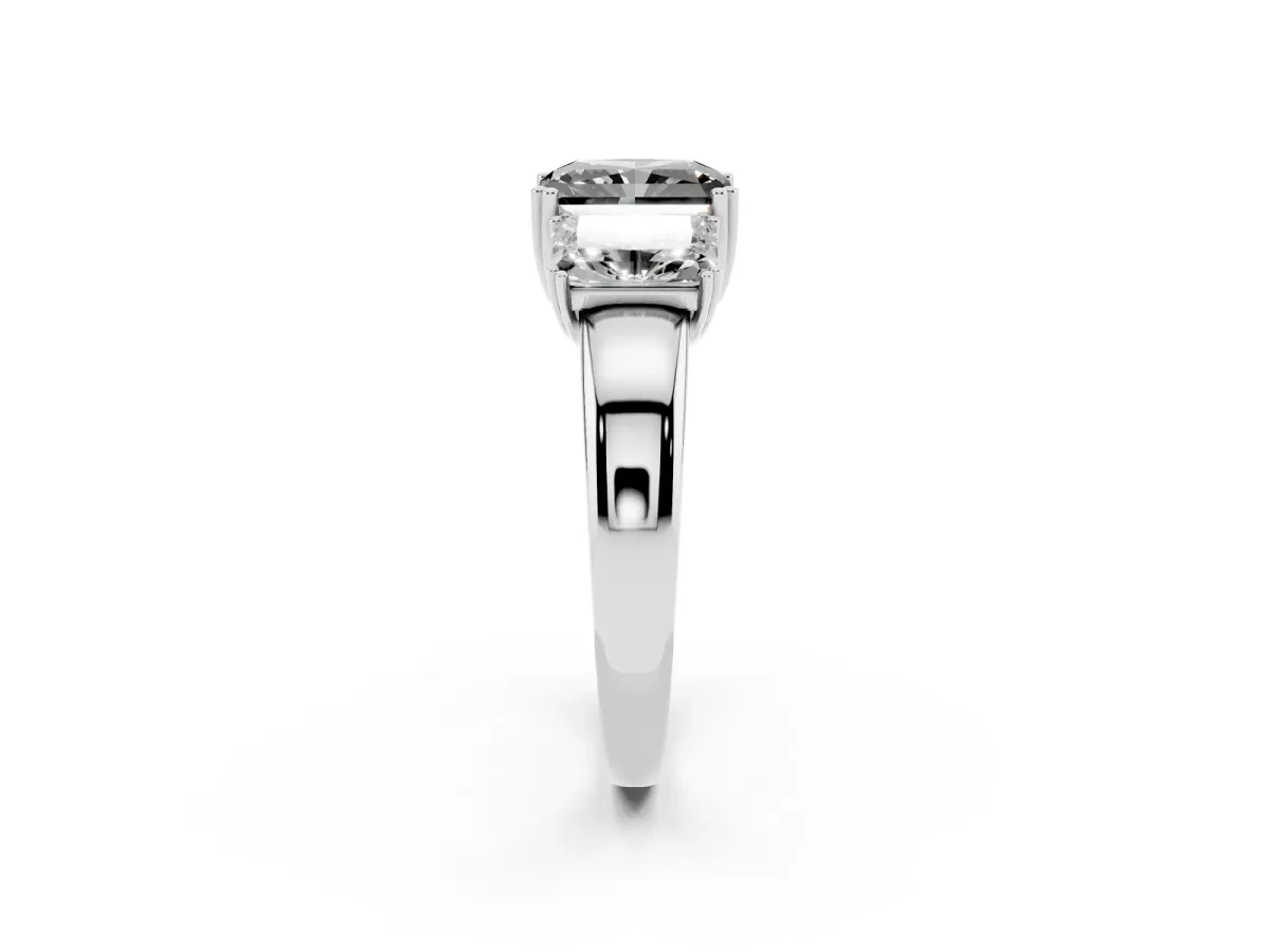 Fancy Black Three-Stone Radiant Cut Cut Diamond Ring with Channel Set Band and Four-Prong Setting Silver
