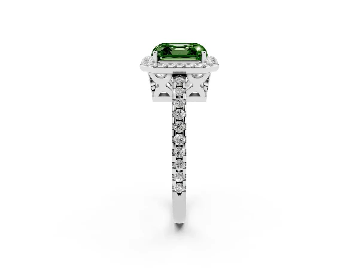 Fancy Green Asscher Cut Diamond Halo Engagement Ring with Pavé Band and Prong Setting Platinum