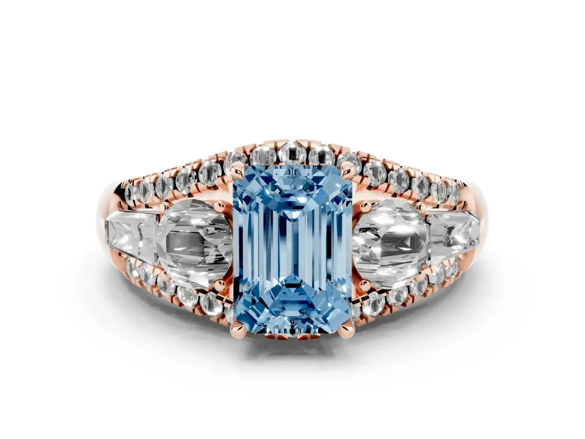 Fancy Blue Three-Stone Emerald Cut Diamond Engagement Ring with Pave Band and Prong Setting Rose gold