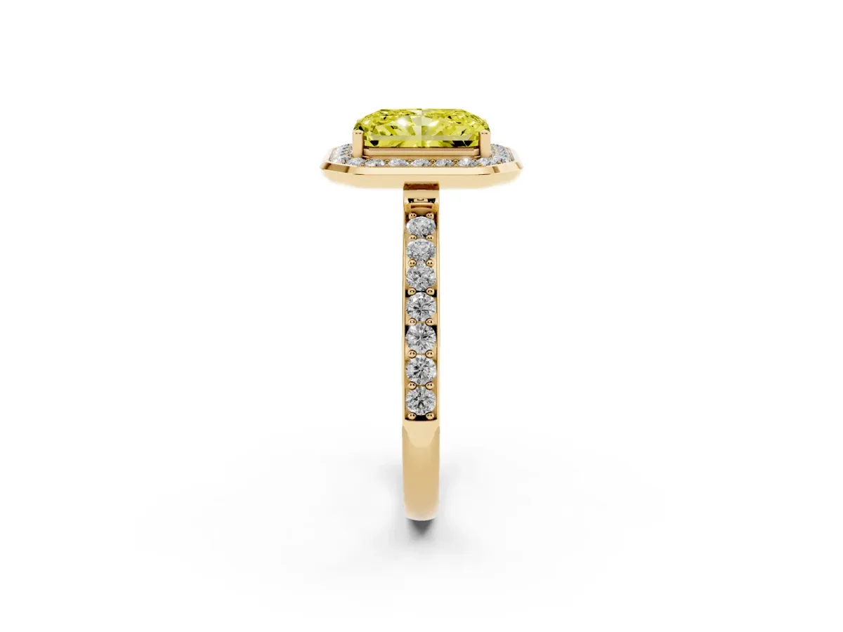 Fancy Yellow Radiant Cut Diamond Halo Ring with Bezel Frame and Pavé Band Yellow gold