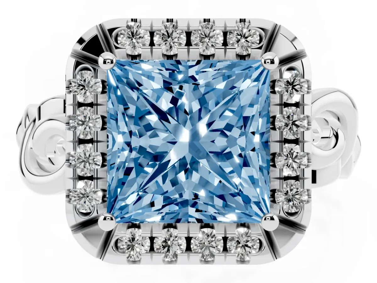 Fancy Blue Princess Cut Cut Halo Diamond Ring with Scrollwork Band and Four-Prong Setting Silver