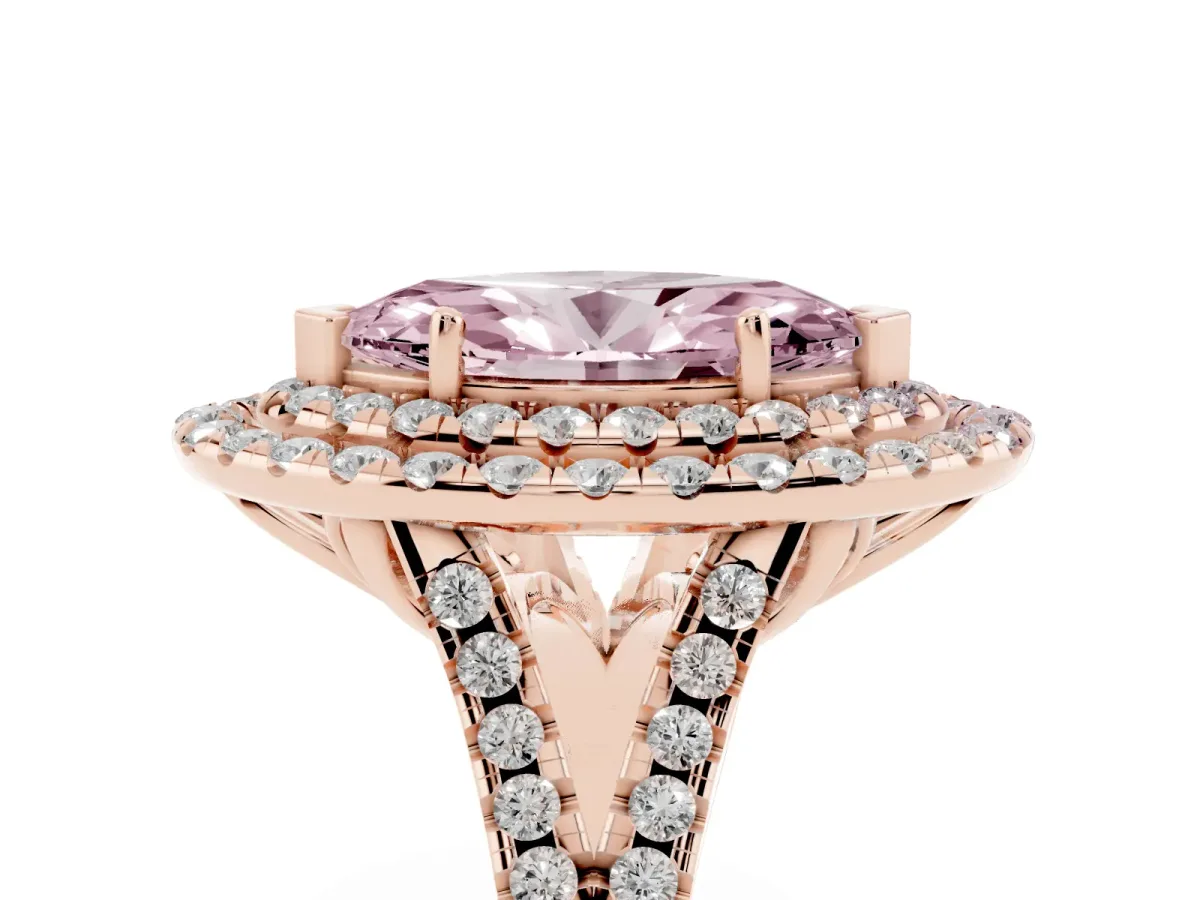 Fancy Pink Double Halo Marquise Cut Diamond Pavé Split Shank Ring with Prong Setting Rose gold