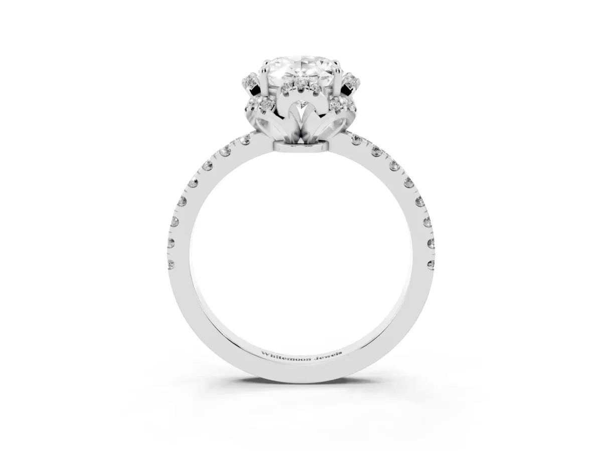 Oval Cut Diamond Halo Pave Band with Four-Prong Setting Silver