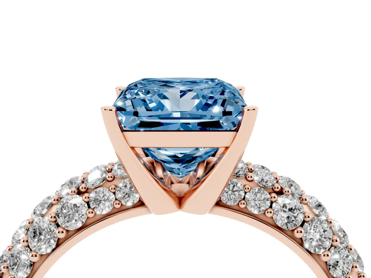 Fancy Blue Princess Cut Diamond Pavé Band Solitaire Ring with Four-Prong Setting Rose gold