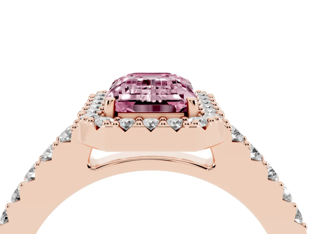 Fancy Pink Emerald Cut Halo Diamond Pavé Solitaire Ring Rose gold