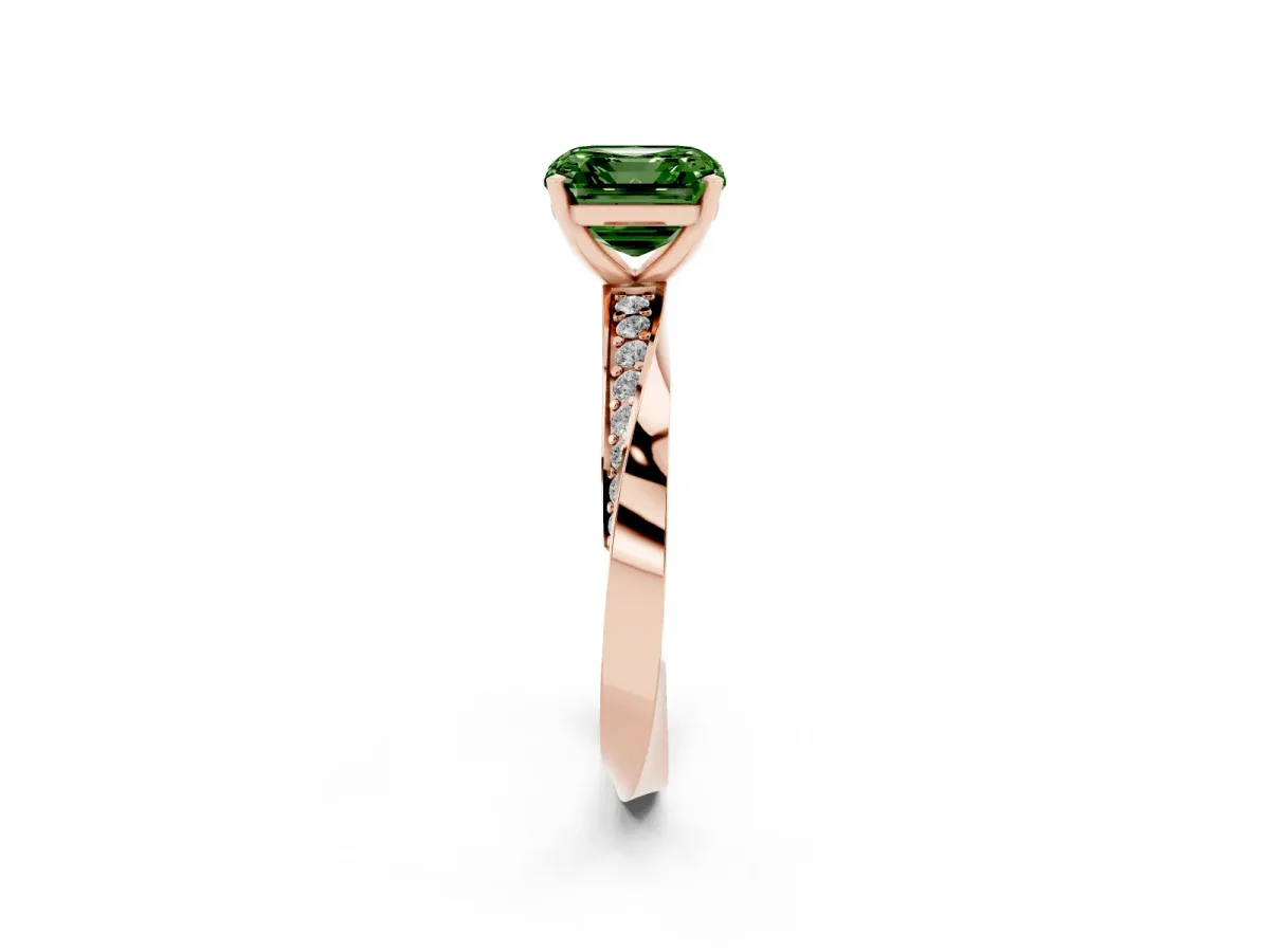 Fancy Green Asscher Cut Diamond Engagement Ring with Side Stone Accents and Four-Prong Setting Rose gold