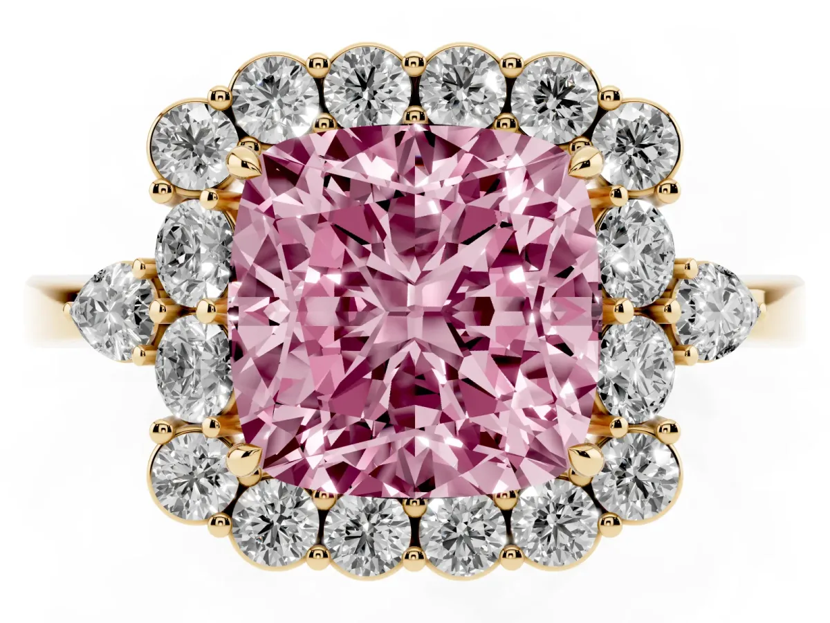 Fancy Pink Cushion Cut Diamond Halo Ring with Pear Side Stones and Prong Setting Yellow gold