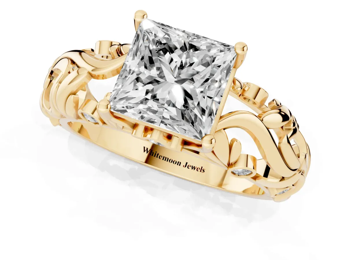 Princess Cut Solitaire Diamond Leaf-Inspired Vine Band Ring with Prong Setting Yellow gold