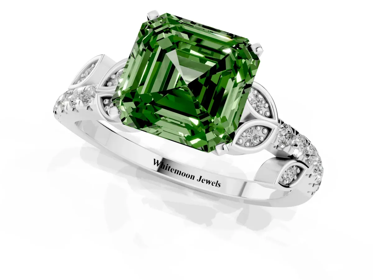 Fancy Green Asscher Cut Solitaire Leaf-Inspired Diamond Ring with Pavé Band and Four-Prong Setting White gold