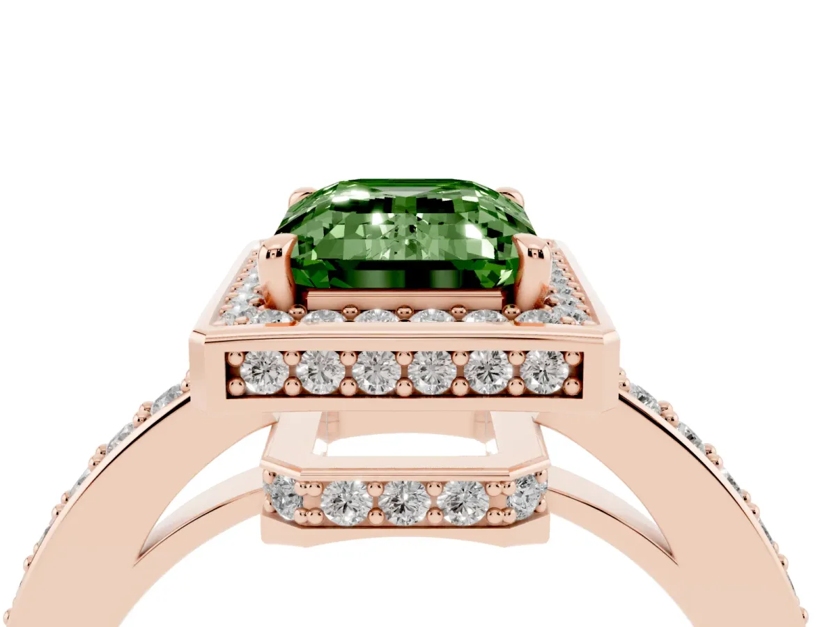 Fancy Green Emerald Cut Halo Pave Band Solitaire Ring with Prong Setting Rose gold