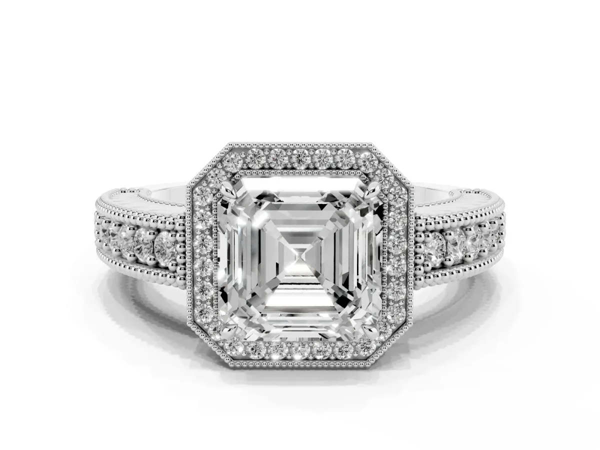 Asscher Cut Cut Halo Diamond Ring with Pavé Band and Four-Prong Setting Platinum