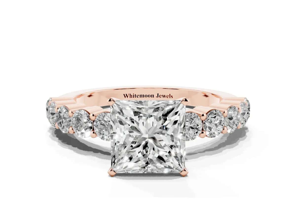 Princess Cut Diamond Solitaire Ring with Shared Prong Round Side Stones Rose gold
