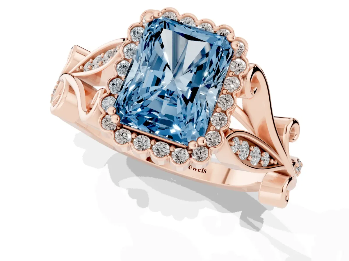 Fancy Blue Radiant Cut Diamond Halo Ring with Vintage Split Shank and Four-Prong Setting Rose gold