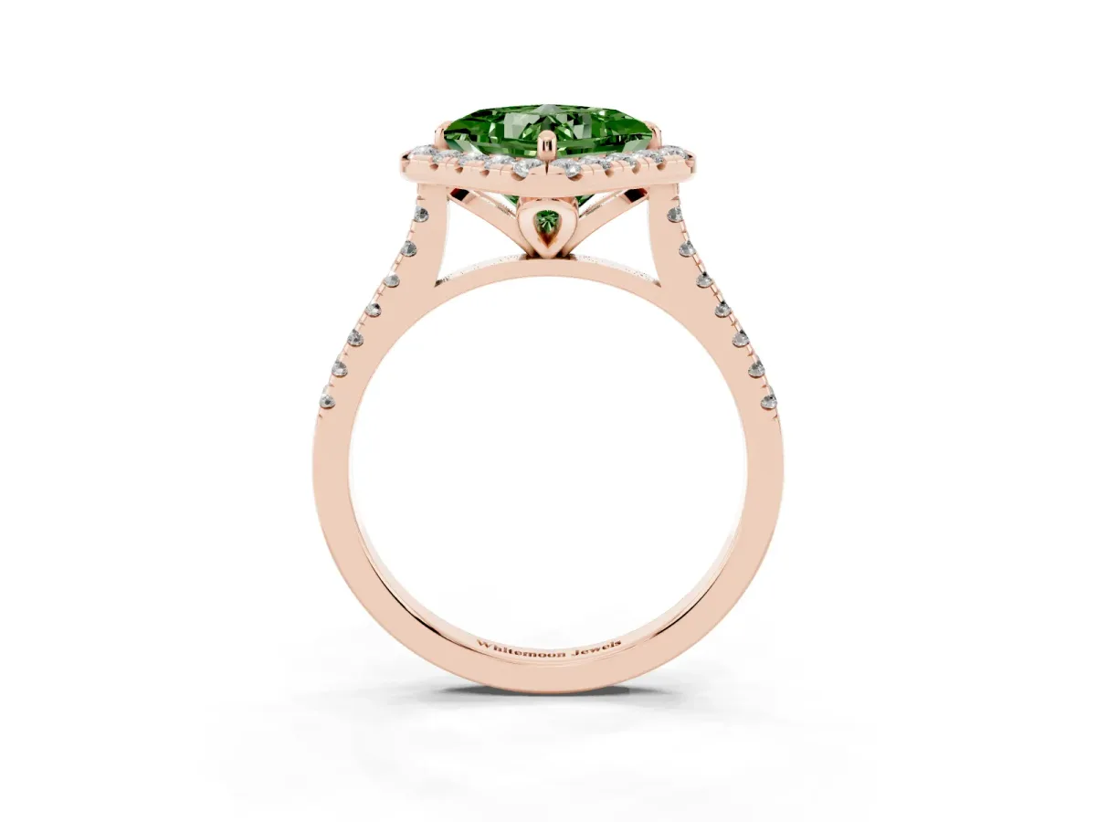Fancy Green Princess Cut Diamond Cushion Halo Ring with Pavé Band Rose gold