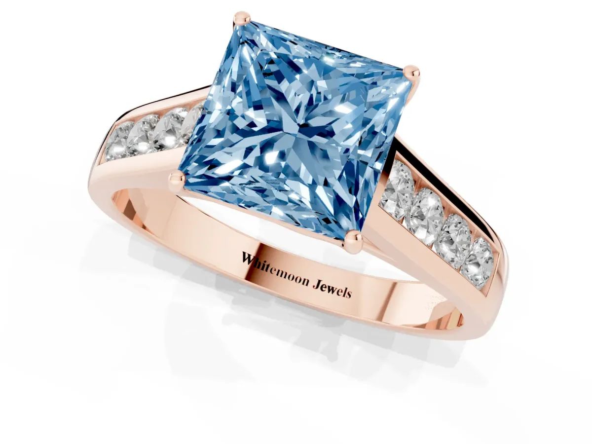 Fancy Blue Princess Cut Brilliant Channel-Set Solitaire Ring with Four-Prong Setting Rose gold