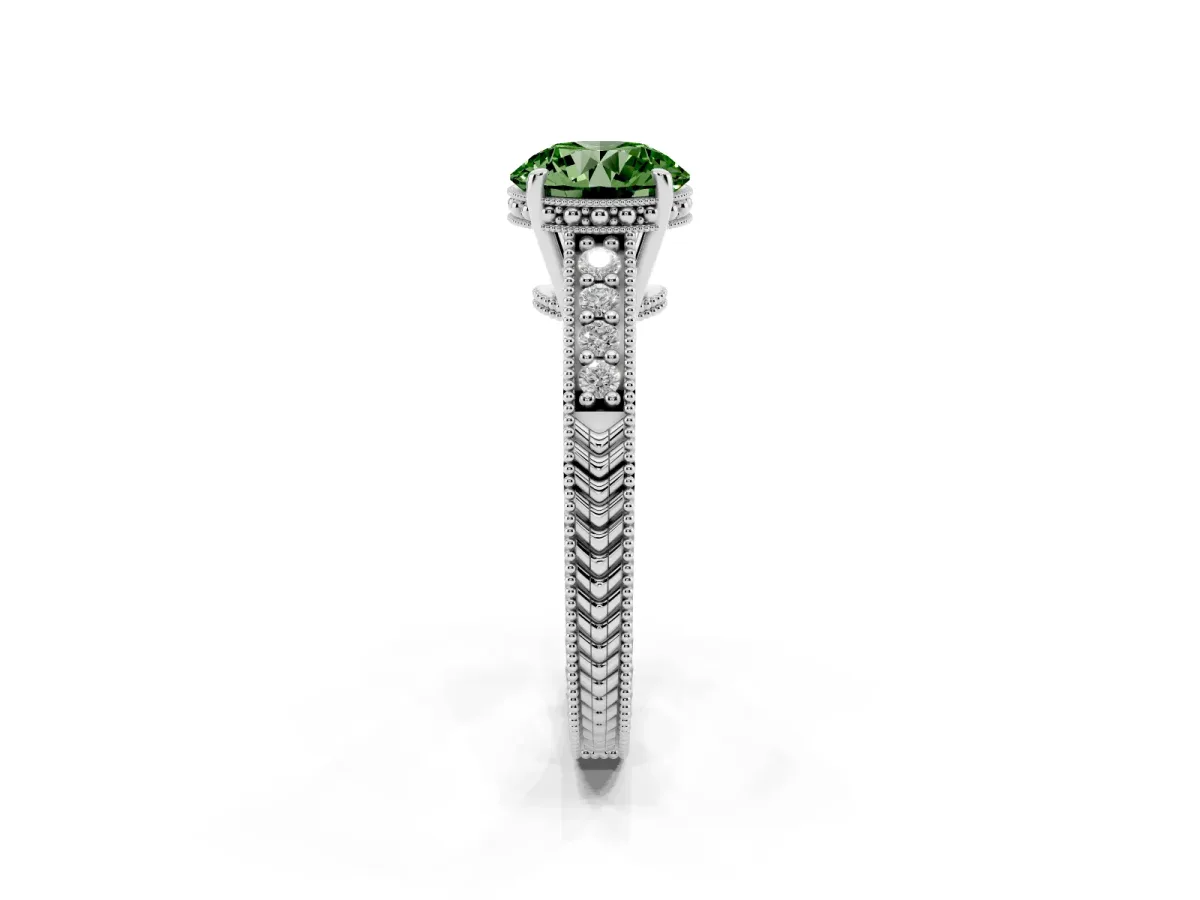 Fancy Green Round Cut Solitaire Pavé Diamond Milgrain Engagement Ring with Four-Prong Setting Silver