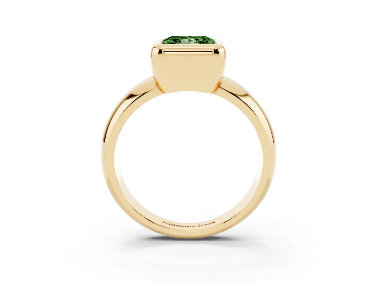 Fancy Green Bezel Set Princess Cut Solitaire Ring with Wide Band Yellow gold