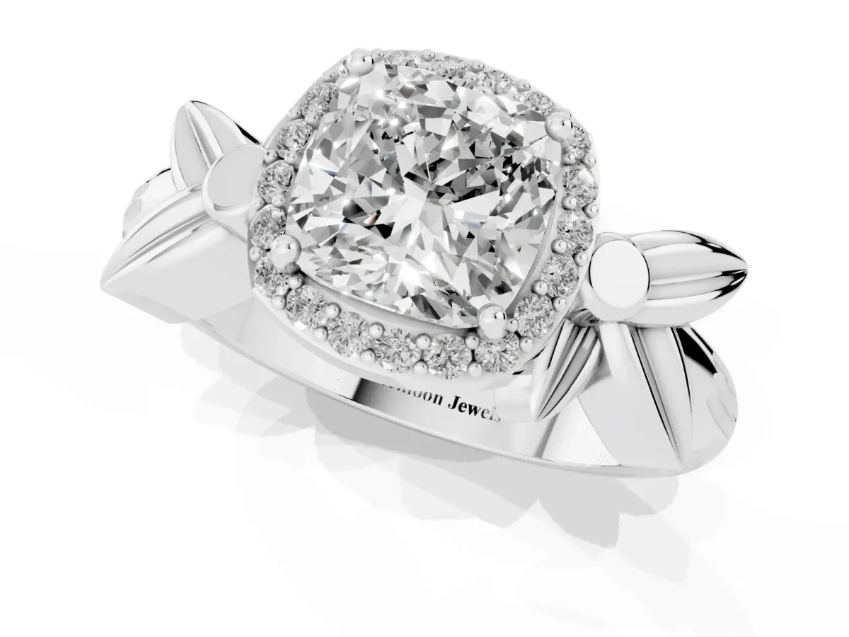 Cushion Cut Halo Diamond Floral Band with Four-Prong Setting White gold