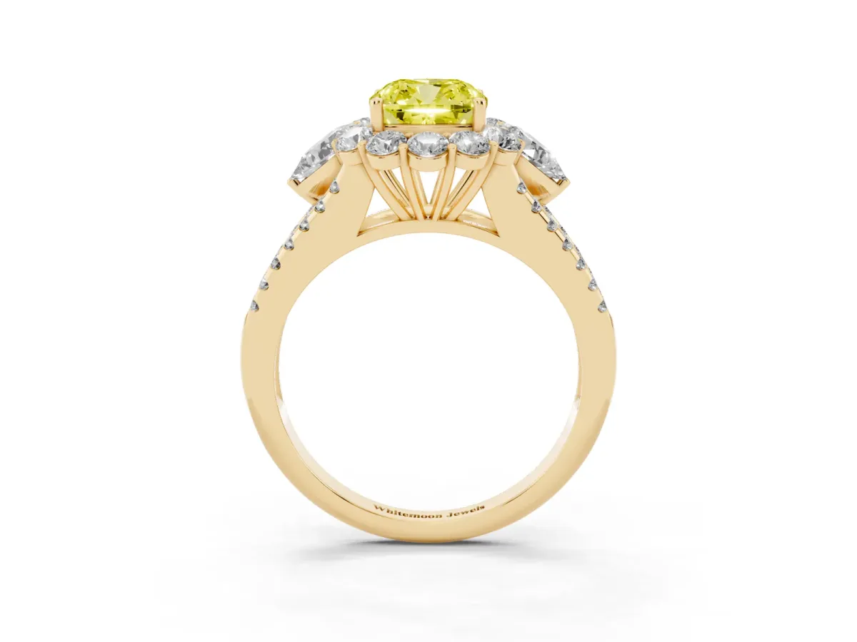 Fancy Yellow Cushion Cut Halo Split Shank Diamond Engagement Ring with Prong Setting Yellow gold
