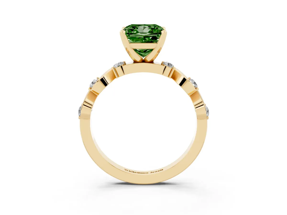 Fancy Green Princess Cut Diamond Solitaire Twisted Band with Round Accents and Prong Setting Yellow gold