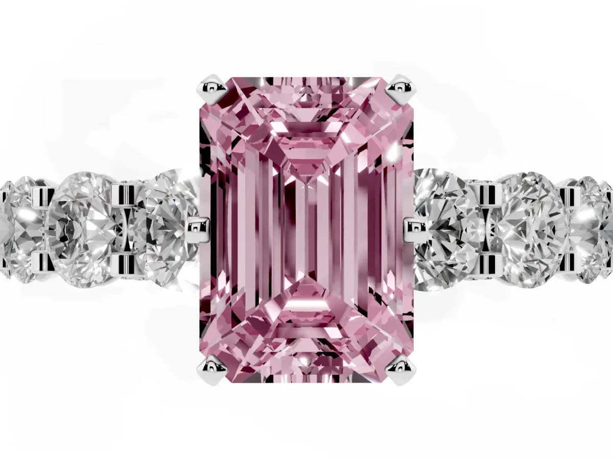 Fancy Pink Emerald Cut Diamond Side Stone Engagement Ring with Four-Prong Setting Platinum