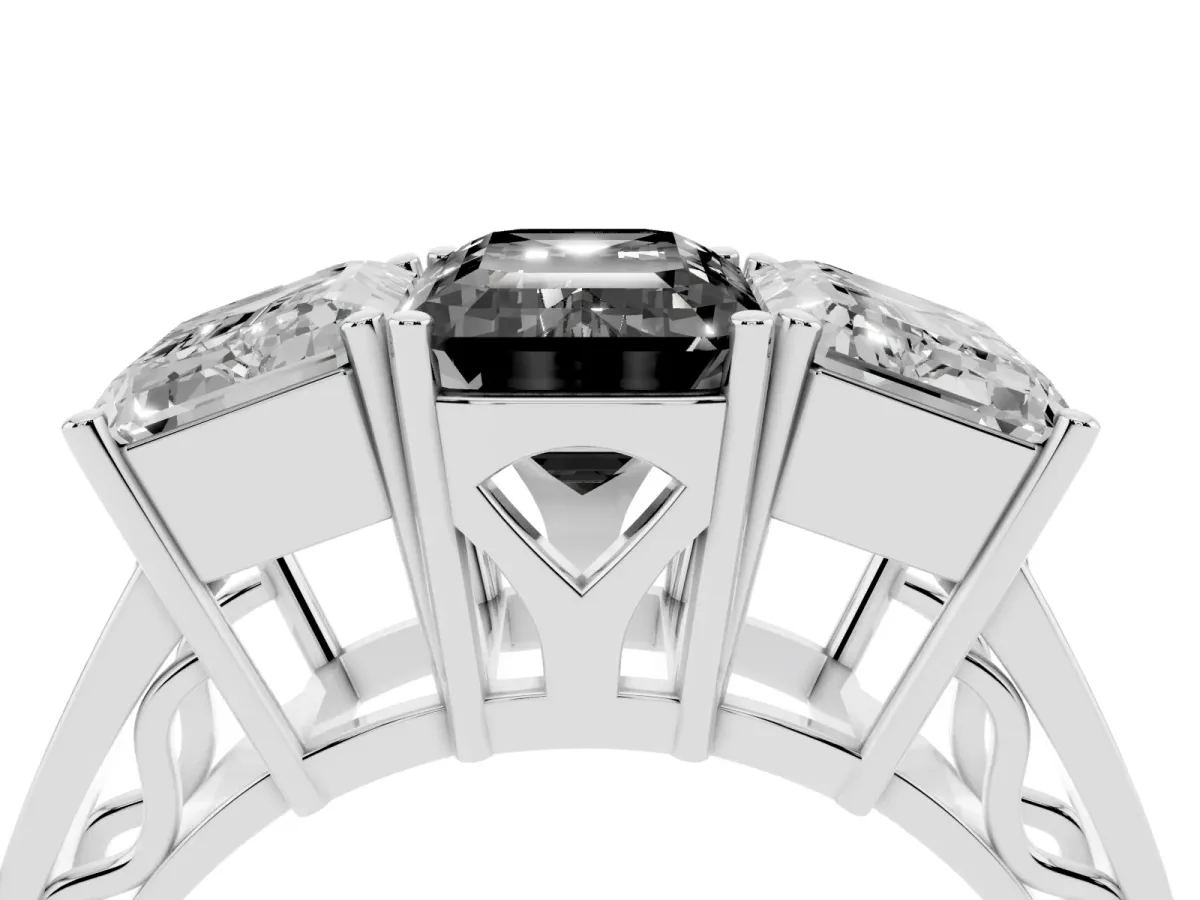 Fancy Black Emerald Cut Diamond Three-Stone Ring with Prong Setting and Textured Band Silver