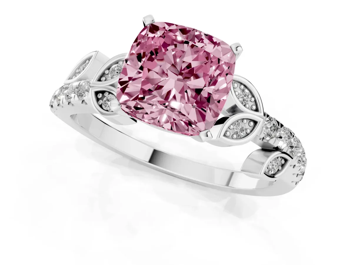 Fancy Pink Cushion Cut Solitaire Leaf-Inspired Diamond Ring with Pavé Band and Four-Prong Setting Silver
