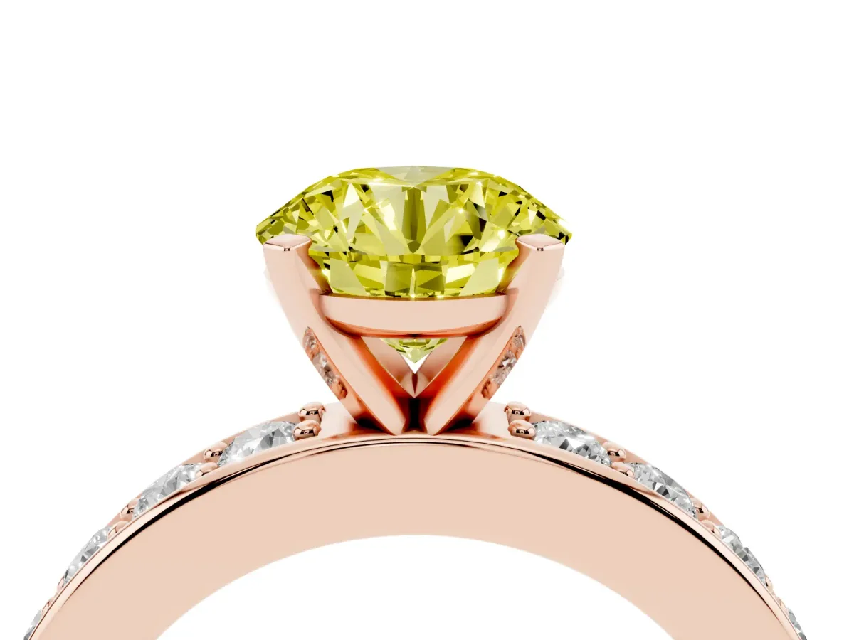 Fancy Yellow Round Cut Diamond Engagement Ring with Channel Set Round Band and Prong Setting Rose gold