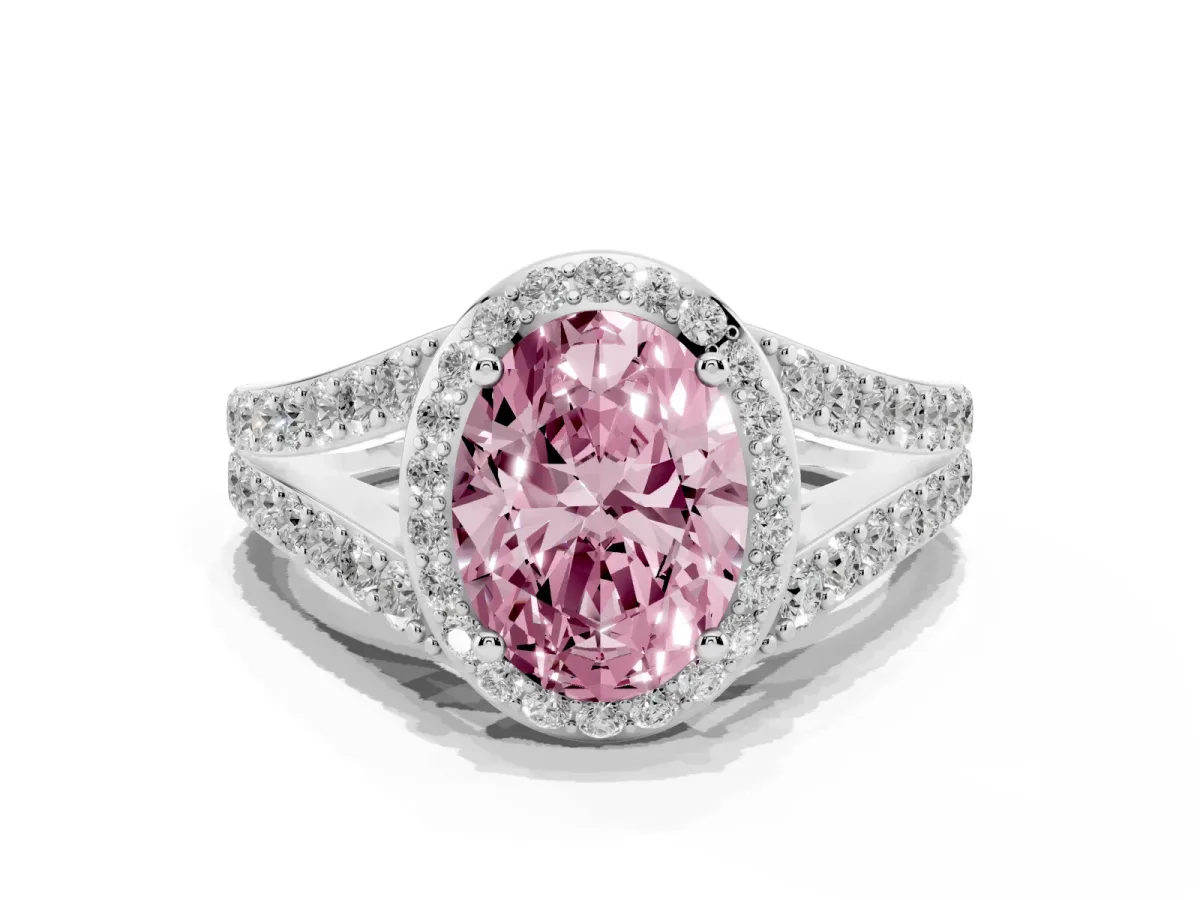 Fancy Pink Oval Cut Diamond Split Shank Halo Ring with Four-Prong Setting Platinum