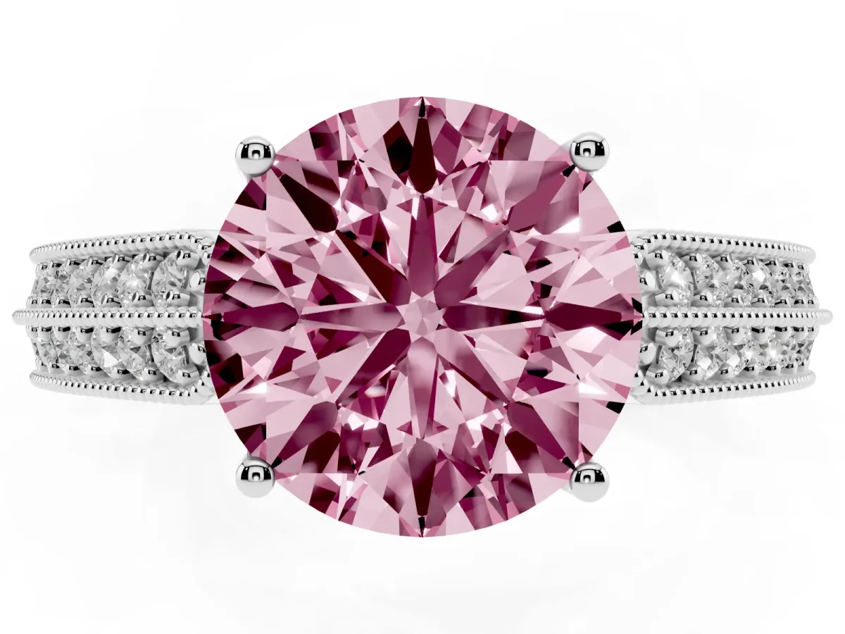 Fancy Pink Round Cut Cut Pave Split Shank Engagement Ring with Four-Prong Setting White gold