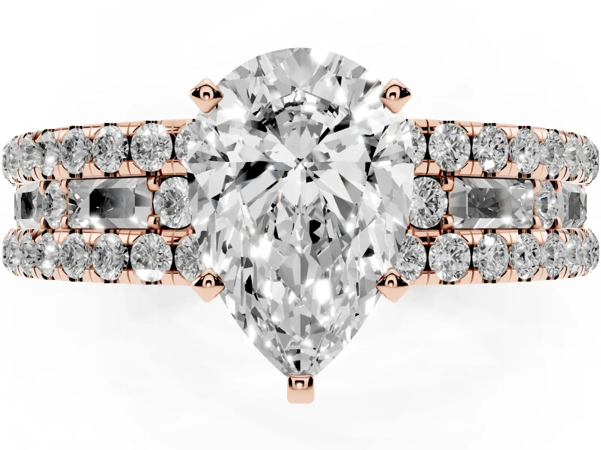 Pear Cut Diamond Solitaire Ring with Pavé and Channel Set Band Rose gold